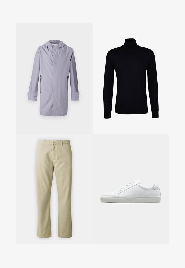 Manteau long violet clair en tissu lisse, doté d'une capuche, de deux poches latérales avec fermetures éclair et de poignets roulés pour un design épuré.; Pull en laine noire avec un tricot lisse. Doté de manches longues, d'un col ajusté et de bords côtelés aux poignets et à l'ourlet pour un ajustement snug.; Pantalon en coton beige avec une coupe droite, fermeture à bouton sur le devant et passants de ceinture. Texture lisse, sans motifs ou accents visibles.; Sneaker blanche avec une tige en cuir lisse et un profil bas. Présente un bout arrondi, six œillets et une semelle en caoutchouc texturé.