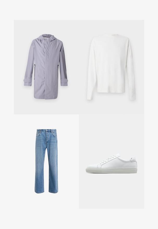 Jasnofioletowy długi płaszcz wykonany z gładkiego materiału, z kapturem, dwoma bocznymi kieszeniami na zamek i podwiniętymi mankietami dla uzyskania smukłego wyglądu.; Biała, bawełniana koszula z długim rękawem, okrągłym dekoltem, bocznymi rozcięciami na dole oraz gładką fakturą, wyeksponowana z tyłu.; Jasnoniebieskie dżinsy o prostym kroju, pięć kieszeni, zapięcie na guzik, minimalne blaknięcia i kontrastowe wykończenia szwów.; Białe sneakersy z gładką skórzaną cholewką i niskim profilem. Posiadają okrągły nos, sześć dziurek na sznurówki oraz teksturowaną gumową podeszwę.