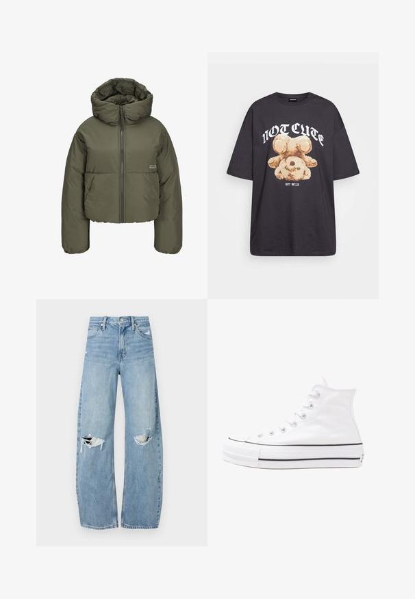 Oliven grønn puffjakke med høy krage, glidelås foran og sømdetaljer. Stoffet har en glatt, litt glinsende tekstur.; Svart oversized t-skjorte med en grafikk av en bjørn og teksten "IKKE SØT, MEN VILL" i fet, hvit skrift. Laget av bomull.; Lyseblå høytlivsjeans laget av denim. Har vide bein, to revne knær og klassisk fem-lommers design.; Hvit høy-skinn kanvas sneakers med svart gummisåle, gummitåhette foran og seks hull for snorer, med et rent, minimalistisk design.