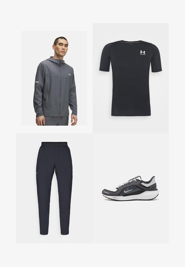 Giacca sportiva grigia con zip frontale, cappuccio e due tasche laterali. Presenta dettagli riflettenti e un logo sul petto. Tessuto liscio.; Maglietta sportiva nera a maniche corte realizzata in tessuto traspirante e elastico. Presenta un collo rotondo e un piccolo logo bianco sul petto.; Pantaloni sportivi neri con una texture liscia, vestibilità slim, vita elastica e tasche laterali. Presentano un piccolo logo sulla coscia sinistra.; Scarpa da ginnastica nera e grigia con tomaia in rete, dettagli riflettenti e intersuola bianca. Presenta una suola in gomma testurizzata e lacci.