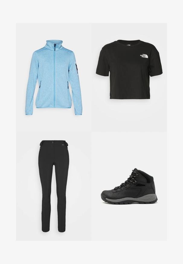 Veste en polaire bleu clair avec un col montant, une fermeture éclair intégrale, des poches latérales zippées et des accents contrastants en marine sur les poignets et les épaules.; T-shirt noir court en coton. Doté d'un col rond et de manches courtes, avec un logo blanc sur la partie gauche de la poitrine.; Pantalons noirs ajustés en matériau flexible. Les caractéristiques comprennent une poche latérale zippée, des genoux articulés et une texture lisse.; Botte de randonnée noire au design mi-haut, avec un dessus texturé, des accents gris et une semelle en caoutchouc durable avec des crampons de traction.