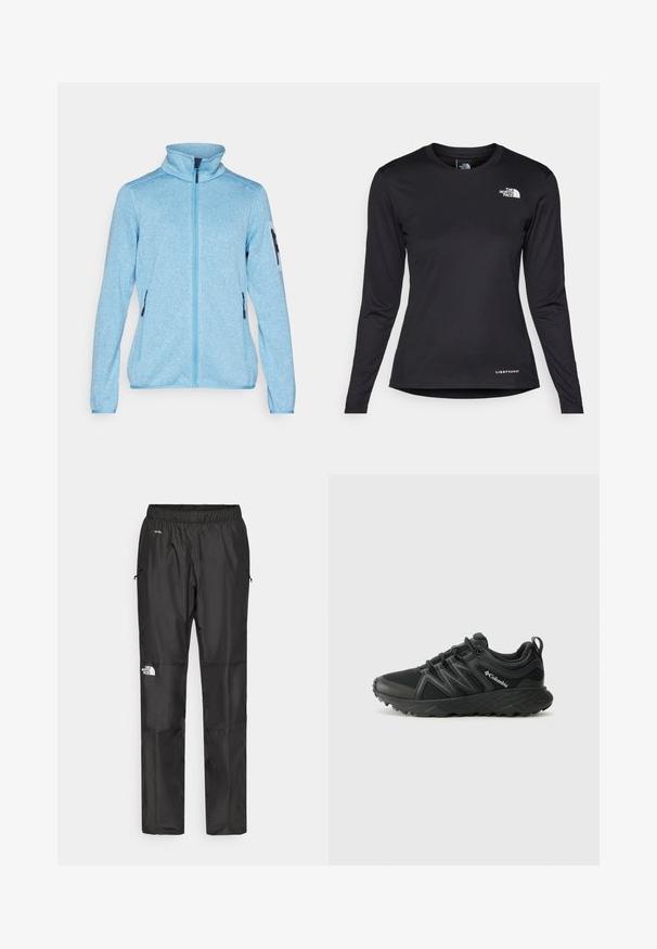 Chaqueta de forro polar azul claro con un cuello alto, cremallera completa, bolsillos laterales con cremallera y acentos en azul marino contrastantes en los puños y el hombro.; The North Face SHADOW LONG SLEEVE - Camiseta de manga larga - black; Pantalones impermeables negros hechos de un tejido ligero, con una cintura elástica, bolsillos laterales y un logo en la pierna izquierda.; Columbia PEAKFREAK - Zapatillas de senderismo - black