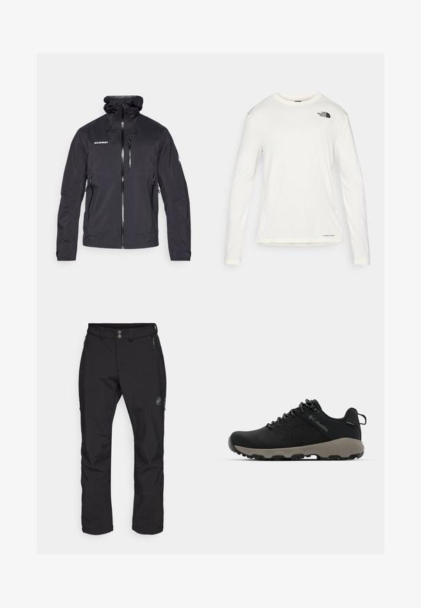 Giacca nera impermeabile con zip frontale, cappuccio regolabile e due tasche laterali con zip. Presenta un logo sul petto e un tessuto testurizzato.; Camicia bianca a maniche lunghe con colletto tondo, tessuto testurizzato, logo nero sulla spalla sinistra e branding sottile sul fondo.; Pantaloni neri da esterni con design a gamba dritta, realizzati in tessuto resistente. Presentano due tasche frontali con cerniera e un logo sulla coscia.; Scarpa da trekking nera con tomaia liscia, design perforato, suola grigia e tallone rinforzato. Caratterizzata da lacci e un anello per una facile calzata.
