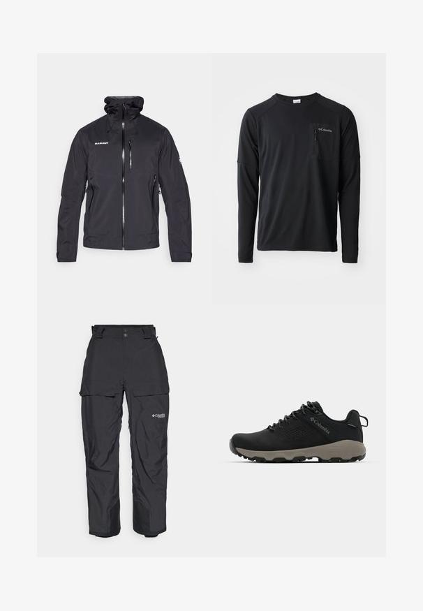 Black waterproof jacket with a zip front, adjustable hood, and two side zip pockets. Features a logo on the chest and textured fabric.; Columbia COLUMBIA TECH™ LONG SLEEVE CREW - Long sleeved top - black; Black waterproof outdoor pants featuring a relaxed fit, adjustable waistband, side cargo pockets, and reinforced ankle cuffs.; Black hiking shoe with a smooth upper, perforated design, gray outsole, and reinforced heel. Features laces and a pull tab for easy wear.