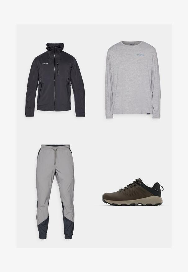 Black waterproof jacket with a zip front, adjustable hood, and two side zip pockets. Features a logo on the chest and textured fabric.; Light gray long-sleeve t-shirt made of soft, textured fabric. Features a crew neck and a small blue Patagonia logo on the chest.; Lightweight, gray athletic pants with black accents. Elastic waistband, drawstring closure, tapered leg design, and side pockets.; Brown waterproof sneakers with a textured upper, perforated accents, black heel support, and a grey rubber sole. Laces are styled with metallic ends.