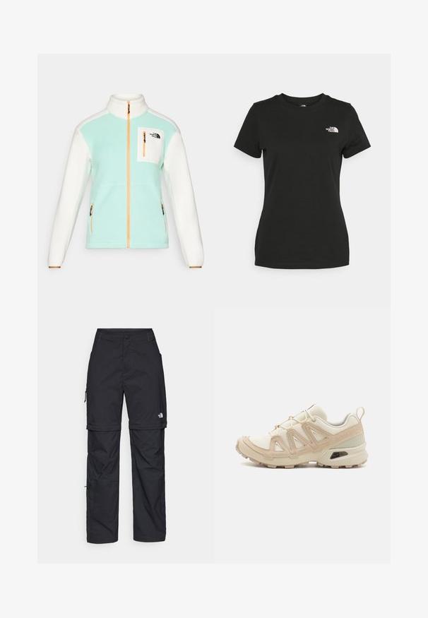 Heled sinine ja valge fliisjakker kõrge kraega, oranž tõmblukk ja väike rinnaõmblus. Omab küljetaskuid ja logo detaili.; Mustvalge puuvillane t-särk, millel on ümber kaeluse lõige ja lühikesed varrukad. Märkimisväärne valge logo vasakul ülal nurgas. Sile tekstuur, mugav lõige.; Mustad nailonist valmistatud eemaldatavad cargo-püksid, reguleeritavate pahkluudega, mitmete taskutega ja paremal jalal logoga. Sile, kerge tekstuur.; Beež ja koobalti spordijalats tekstureeritud võrkkattega, toetavad ülemised kihid ja kummist tallaga, millel on mustriga joonistus haardeks.