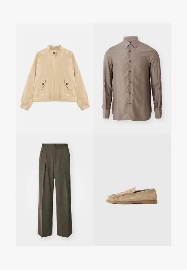 Chaqueta ligera beige con cuello alzado, cremallera frontal, dos bolsillos con tapa y botón, puños elásticos y dobladillo con detalle de trenzado.; Camisa de manga larga en color topo, hecha de una tela suave, con un cierre frontal de botones oscuros y un pequeño logo en el pecho.; Filippa K WIDE TROUSERS - Pantalones - driftwood; Mocasines de ante beige sin cordones con un diseño recogido, que presentan una suela plana y una correa decorativa en el empeine. Textura suave.