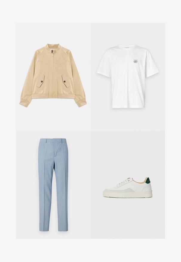 Veste légère beige avec col montant, fermeture éclair à l'avant, deux poches à rabat boutonnées, poignets élastiques et ourlet avec détail en tresse.; T-shirt blanc en coton avec des manches courtes, un col ras du cou et un petit logo gris sur la partie gauche de la poitrine. Texture lisse.; Pantalons rayés bleu clair à coupe slim, dotés de rayures verticales blanches. Fabriqués à partir d'un tissu lisse avec un design ajusté.; Baskets blanches avec des accents en daim, bout arrondi, lacets plats et semelle en caoutchouc crème. Présente une marque verte sur le talon.