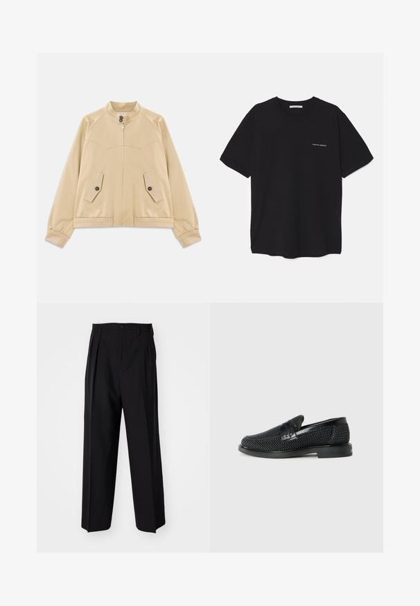 Giacca leggera beige con colletto alto, zip anteriore, due tasche con patta e bottone, polsini elasticizzati e orlo con dettagli in pizzo.; T-shirt in cotone nero con collo rotondo, maniche corte e stampa bianca del logo sul lato sinistro del petto. Design semplice e monocromatico.; Pantaloni neri a pieghe con un design dritto e gamba larga. Realizzati in tessuto morbido, con chiusura a bottone e passanti per cintura.; Scarpa nera a mocassino intrecciata con un accentuato in pelle liscia sulla parte superiore, design a punta rotonda e suola in gomma a profilo basso.