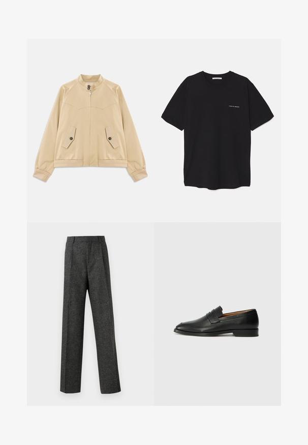 Šviesiai rudos spalvos lengva striukė su stovinčiu apykakle, priekyje užtrauktukas, dvi kišenės su klostėmis užsegamos mygtukais, elastingi rankogaliai ir apykaklė su nertomis juostelėmis.; Juoda medvilninė marškinėlė su apykakle, trumpomis rankovėmis ir baltu logotipu kairėje krūtinės pusėje. Paprastas, vientisas spalvų dizainas.; Pilki pritaikyti kelnių modeliai, pagaminti iš tekstūruotos medžiagos, su dviem priekiniais klostėmis ir tiesiogine kojų forma. Nėra matomų kišenių ar puošybų.; Juodas odinis loaferis su apvaliu nosiu, subtiliomis siuvimo detalėmis ir žemu kulnu, pasižymintis lygia tekstūra ir minimalistiniu dizainu.