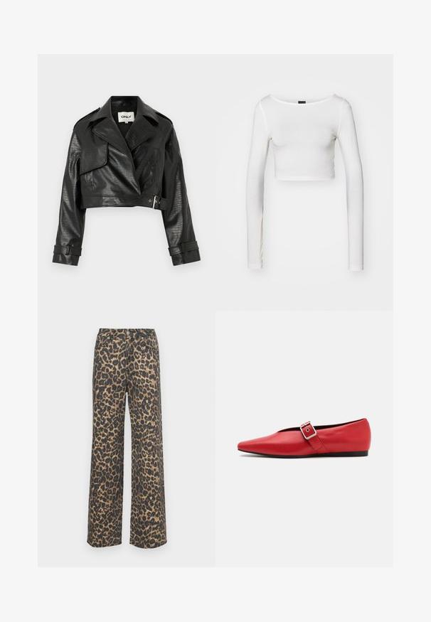 Veste noire en simili cuir cropped, avec une finition texturée, des revers larges, des accents de ceinture et deux poches avant. Présente des épaules structurées.; Gina Tricot SOFT TOUCH CROPPED TOP - T-shirt à manches longues - pristine; Jeans à pattes larges en mélange de coton avec imprimé léopard. Caractéristiques : taille haute, poches avant et motif contrastant noir et marron. Coupe slim et droite.; Ballerine en cuir rouge avec une pointe pointue, comportant une lanière sur le côté avec une boucle en métal et un petit talon noir. Texture lisse sur l'ensemble.