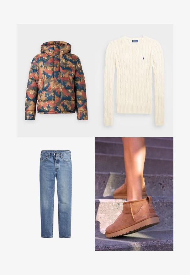 Vaatteet takki, jossa on maastokuviointi maanläheisissä ruskean, punaisen ja sinisen sävyissä. Takissa on huppu, nepparit ja etutaskut.; Kreemi kaabliga kudumiga sviiter pikkade varrukatega, ribakardinate ja hemiga, millel on vasakul rinnal väike tikkitud logo.; Vaaleansiniset farkut suoran leikkauksen, viiden pussin designin ja nappisuljenta. Ominaisuuksiin kuuluu hienoinen haalistuminen ja oranssit ompeleet.; Kahdenruskeat mokkanahkaiset nilkkurit, joissa on pehmeä pinta, kirjailtua yksityiskohtaa ja kumipohja. Kengissä on myös kätevä lenkki kantapäässä, joka helpottaa pukemista.