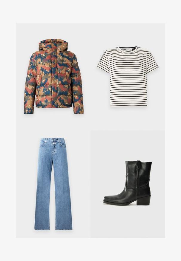 Polstret jakke med camouflage mønster i jordfarver af brun, rød og blå. Har hætte, trykknapper og frontlommer.; Kortærmet T-shirt i bomuld med rund hals, med sorte lodrette striber på en hvid baggrund og lige snit design.; Lyseblå denim jeans med vid ben-design, fem lommer, bæltestropper og knaplukning. Stofmaterialet har en glat tekstur.; Sort læder ankelstøvle med rundt tå, blokhæl, lynlås i siden og stikninger på vampsiden. Glat tekstur, klassisk design.