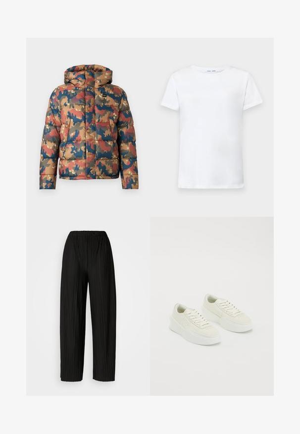 Padded jacket with a camouflage pattern in earthy tones of brown, red, and blue. Features a hood, snap buttons, and front pockets.; White short-sleeve t-shirt made of cotton with a crew neck design. Smooth texture and straight cut, no patterns or accents.; Black pleated wide-leg pants with an elastic waistband. The fabric features vertical pleats and a smooth texture.; White low-top sneakers with thick soles and laces, featuring perforated detailing on the sides and toe area, displayed on a white background.