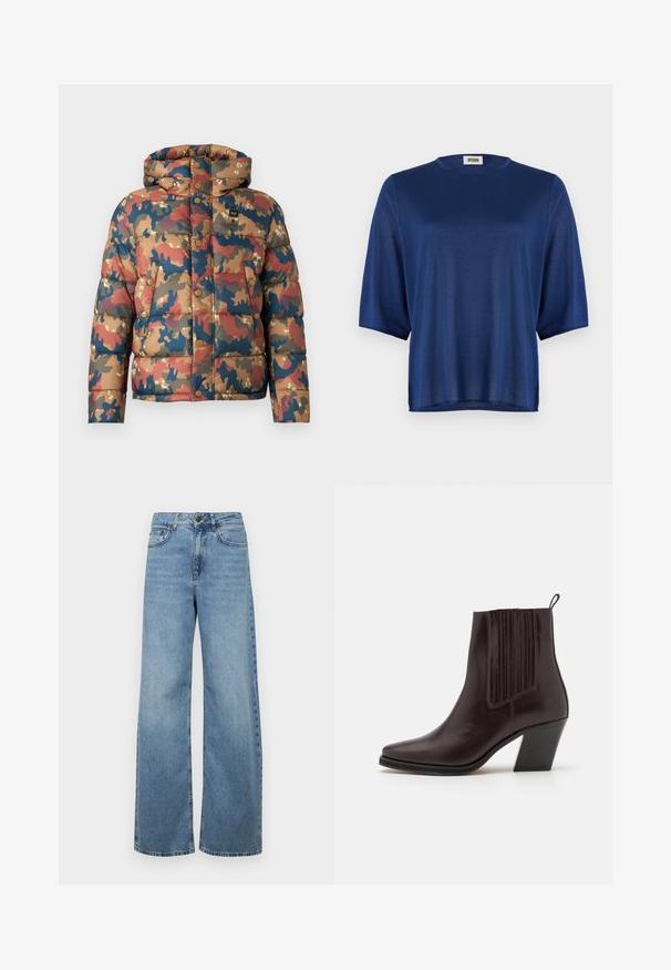 Polstret jakke med camouflage mønster i jordfarver af brun, rød og blå. Har hætte, trykknapper og frontlommer.; Marineblå kortærmet top lavet af glat stof, med en rund halsudskæring og en løs pasform. Simpelt design uden mønstre eller udsmykninger.; Lysblå vidde jeans lavet af denim, med høj talje, frontlommer og et klassisk fem-lommers design, med subtil bleget effekt.; Mørkebrune læderankelstøvler med spidse tær, lodrette ribbede detaljer på siden og en mellemhøj blokhæl.