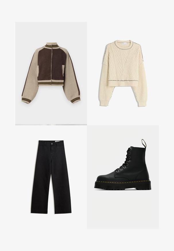 Jachetă tricotată scurtă, maro și bej, cu guler înalt, fermoar pe toată lungimea și margini dungi; are mâneci late și un birou lateral.; Pulover crem din lână împletit cu model cablu, cu un design scurtat, mansete cu model în relief și o margine neagră contrastantă la gât și la tiv.; Pantaloni din denim negri cu picioare largi, cu talie înaltă, având buzunare frontale și posterioare, cusături dublate și închidere cu nasture. Textură netedă.; Cizme de gleznă din piele neagră, cu șireturi, având o talpă din cauciuc texturat și un detaliu de cusătură galbenă în jurul platformei.