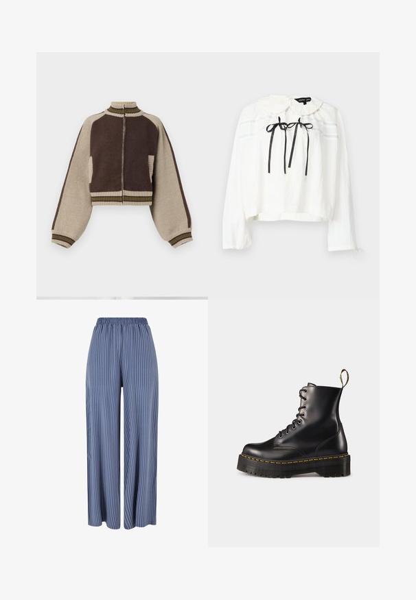 Brown and beige cropped knit jacket with a high collar, full zip front, and striped ribbed trims; features wide balloon sleeves and side pockets.; White long-sleeve blouse with a rounded collar, black ribbon ties at the front, and light blue stripes across the chest. Wrinkled texture.; Blue wide-leg pants with white vertical pinstripes and an elastic waistband, displayed against a white background.; Black leather lace-up ankle boots with a chunky black sole and yellow stitching. Features a pull tab at the back and circular metal eyelets.