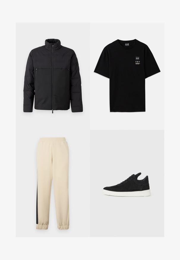 Melna pūkaina jaka ar augstu apkakli, ar rāvējslēdzēju priekšpusē un sānu kabatām. Raksturīga gluda tekstūra un kontrastējoši auduma paneļi.; Melnas kokvilnas T-krekls ar īsām piedurknēm, apaļo kakla izgriezumu un nelielu logotipa birku priekšpusē ar baltiem apzīmējumiem par kopšanu.; Krēmkrāsas sporta bikses ar melnām sānu joslām, elastīgu jostasvietu un ribotu piedurkni. Mīksta auduma, ar brīvu piegriezumu.; Melna zamša apavi ar baltu gumijas zoli, ar tonālu izšuvumu un auklu dizainu. Gluda tekstūra ar mūsdienīgu, plūstošu formu.