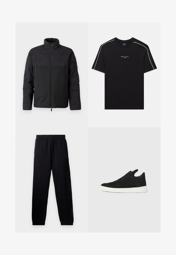 Svart pufferjacka med hög krage, dragkedja fram och sidofickor. Har en slät yta och kontrasterande tygpaneler.; Svart bomullströja med korta ärmar, rund hals, beige accentstygn på axlarna och ARMANI EXCHANGE-logotypen i mitten.; Svarta sweatpants med elastiskt midjeband, avsmalnande ben och en texturerad logotypdetalj på vänster ben. Tillverkade av mjukt, lätt material.; Svart mockaskor med en vit gummisula, som har ton-i-ton-sömmar och snörningsdesign. Slät textur med en modern, strömlinjeformad form.