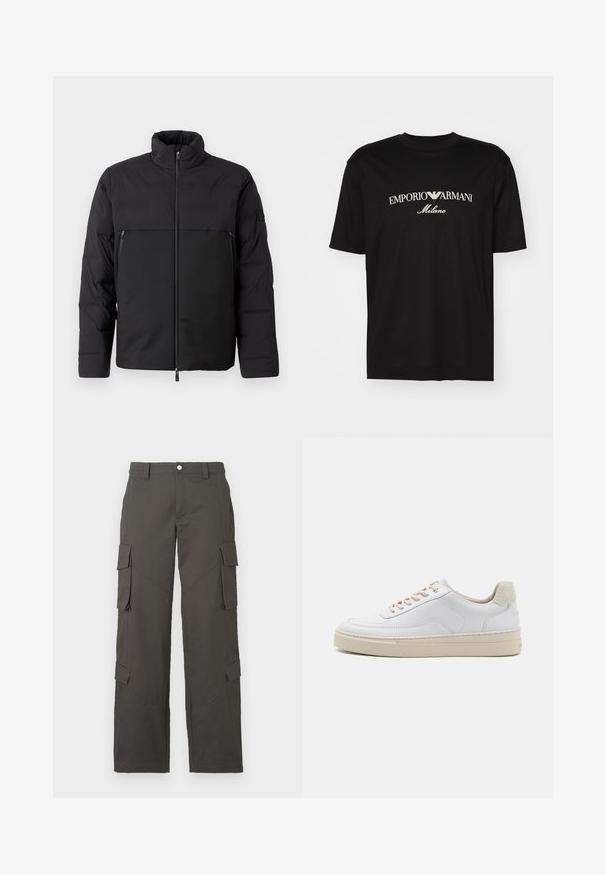 Melna pūkaina jaka ar augstu apkakli, ar rāvējslēdzēju priekšpusē un sānu kabatām. Raksturīga gluda tekstūra un kontrastējoši auduma paneļi.; Melnā kokvilnas T-kreklu ar apaļu kakla izgriezumu, īsām piedurknēm un balto "EMPORIO ARMANI" logotipu virs vārda "Milano" izliektā dizainā.; Tumši pelēki taisnas kājas kravas bikses ar pogu aizdari un četriem kabatām ar vāku, divām uz augšstilbiem un divām tuvu teļiem.; Baltie sporta apavi ar gludu ādas augšdaļu, bežām auklām un teksturētu bežā zamša papēdi. Paaugstināta zole papildu augstumam.