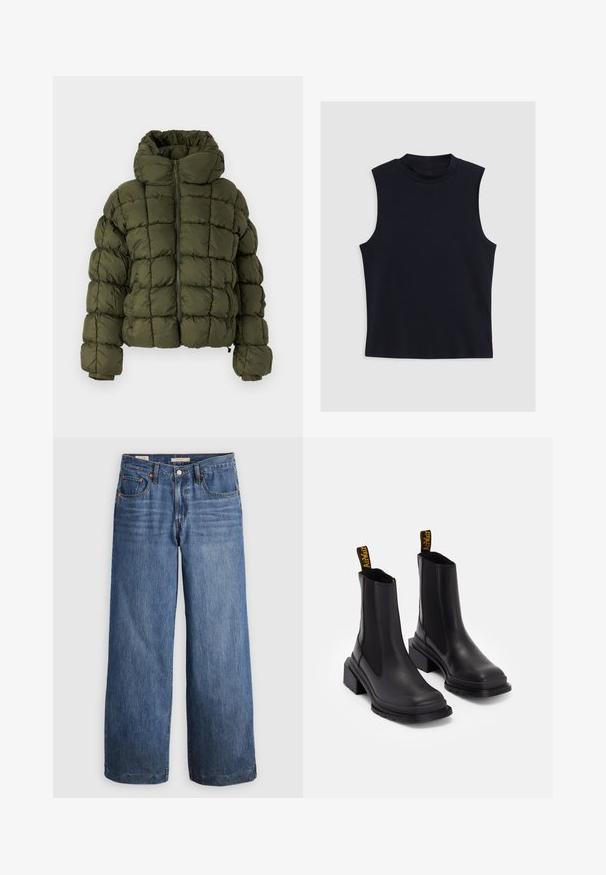 Olivza zaļš pūstošs jakas ar augstu apkakli, quilted dizainu, priekšējo rāvējslēdzēju un elastīgām piedurknēm. Mīksta, gluda tekstūra.; Bez piedurknēm, augsta kakla tops tumši zila, izgatavots no gludas auduma ar pieguļošu dizainu un bez redzamām metāla daļām vai rakstiem.; Platas kājas džinsi, izgatavoti no zila denima, ar augstu jostasvietu, piecām kabatām un kontrastējošām oranžām šuvēm. Gluda tekstūra, bez rotājumiem.; Melni potītes ar gludu ādu, elastīgām sānu daļām, kvadrātveida purngaliem un masīviem papēžiem. Iezīmētas ar dzeltenām zīmola izvilkšanas cilpām.