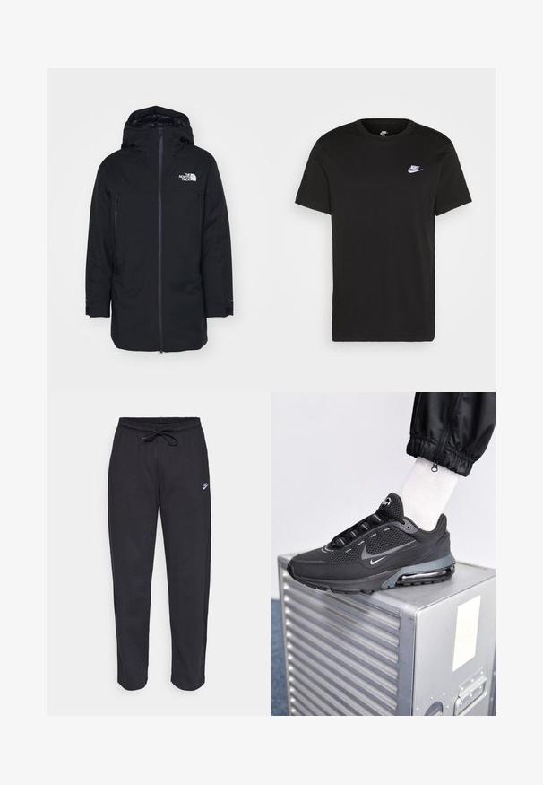 The North Face RANGE PARKA - Donsjas - black; Zwart katoen T-shirt met korte mouwen, ronde hals en een klein wit Nike-logo op de bovenste linkerborst. Gladde textuur. Klassieke pasvorm.; Zwarte sweatpants van zacht stof met een elastische tailleband, trekkoord en een klein Nike-logo op de linker bovenbeen.; Nike Sportswear PULSE - Sneakers laag - black/anthracite