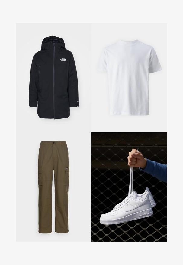 The North Face RANGE PARKA - Donsjas - black; Witte korte mouwen t-shirt van katoen, met een ronde hals en een zachte textuur, met een rechte snit en zonder patronen.; Olijfgroene cargobroek, gemaakt van duurzaam stof. Beschikt over twee zijzakken, een standaard taille en een rechte pijp.; Witte leren sneakers met perforaties, ronde neus, vlakke zool en dikke veters, met een zichtbare swoosh-logo en "AIR" op de hiel.
