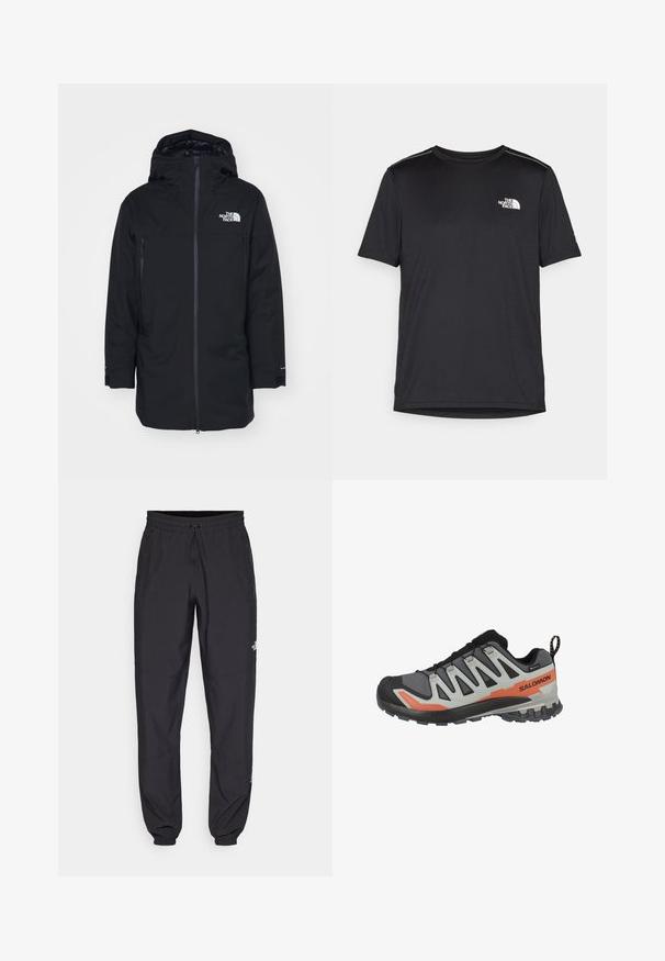 The North Face RANGE PARKA - Dunfrakker - black; Sort t-shirt med korte ærmer lavet af letvægtsstof. Har et lille hvidt logo på venstre bryst og diskrete skuldrelementer.; Sorte atletiske bukser lavet af letvægtsstof, med en snor i taljen, sidelommer og tapered manchetter ved anklerne.; Sort og grå atletiske sko med en orange accent, der har en mesh-overdel, gummisål og et sikkert snøresystem for stabilitet.