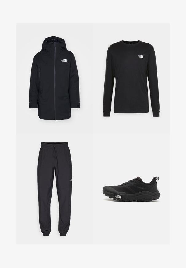 The North Face RANGE PARKA - Donsjas - black; Zwarte longsleeve t-shirt van katoen, met een wit logo op de linkerkant van de borst en geribbelde manchetten. Soepele textuur met een ronde hals.; Zwarte sportieve broek gemaakt van lichtgewicht stof, met een trekkoord in de taille, zijzakken en taps toelopende boorden bij de enkels.; Zwarte trailrunning schoen met een gestructureerde bovenkant, rubberen zool en versterkte neus. Voorzien van een gevoerde kraag en een trekhaak voor eenvoudig aan- en uittrekken.