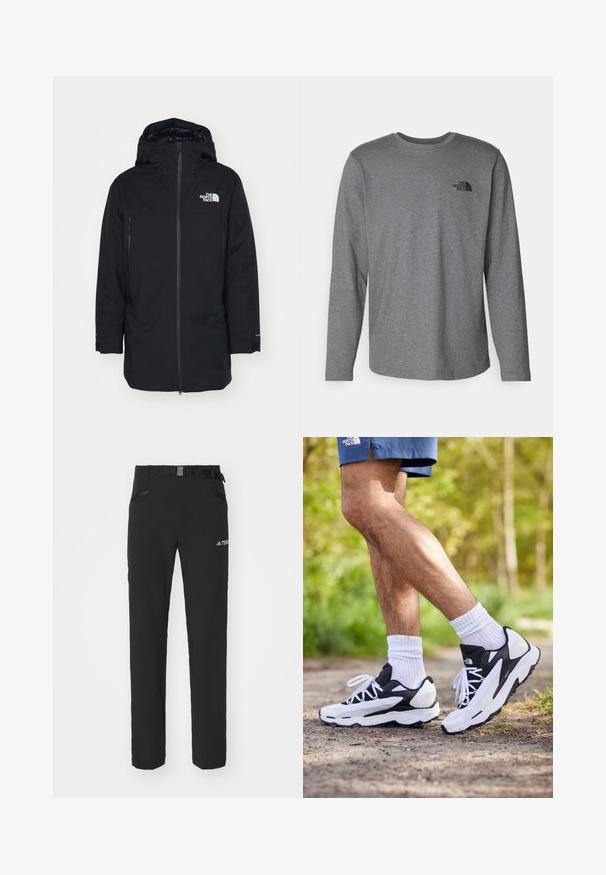 The North Face RANGE PARKA - Daunenmantel - black; The North Face M L/S SIMPLE DOME TEE - Langarmshirt - medium grey heather; Schwarze Outdoor-Hosen aus glattem Stoff, mit seitlichen Reißverschlusstaschen, verstärkten Kniepartien und einem verstellbaren Bund mit Schnalle.; Schwarz-weiße Sportschuhe mit einem Obermaterial aus Mesh, strukturierten Akzenten und weißen Schnürsenkeln. getragen mit weißen Knöchelsocken und dunkelblauen Shorts auf einem Weg.