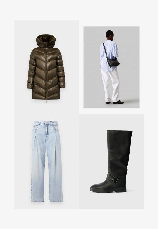 Olivovo zelený nafúknutý kabát s chevronovým prešívaním, vysokým golierom, predným zipsom a kapucňou. Má lesklý, ľahký materiál.; Čierne bavlnené tričko s krátkymi rukávmi, klasickým výstrihom a malým bielym logom "Calvin Klein" na hrudi. Hladká textúra, klasický strih.; Svetlomodré džínsy s vysokým pásom, širším strihom po celej dĺžke, dvoma bočnými vreckami a skladaným dizajnom. Mäkka textúra s vyblednutým vzhľadom.; Čierne kožené čižmy do kolien s hladkým povrchom, zaoblenou špičkou, hrubou podrážkou a vodorovným remienkom s detaileme v tvare obdĺžnika.; Čierna kožená ramenná taška so mäkkou textúrou, trojuholníkovým tvarom a nastaviteľným popruhom, skombinovaná s svetlomodrou pruhovanou košeľou a bielymi nohavicami.