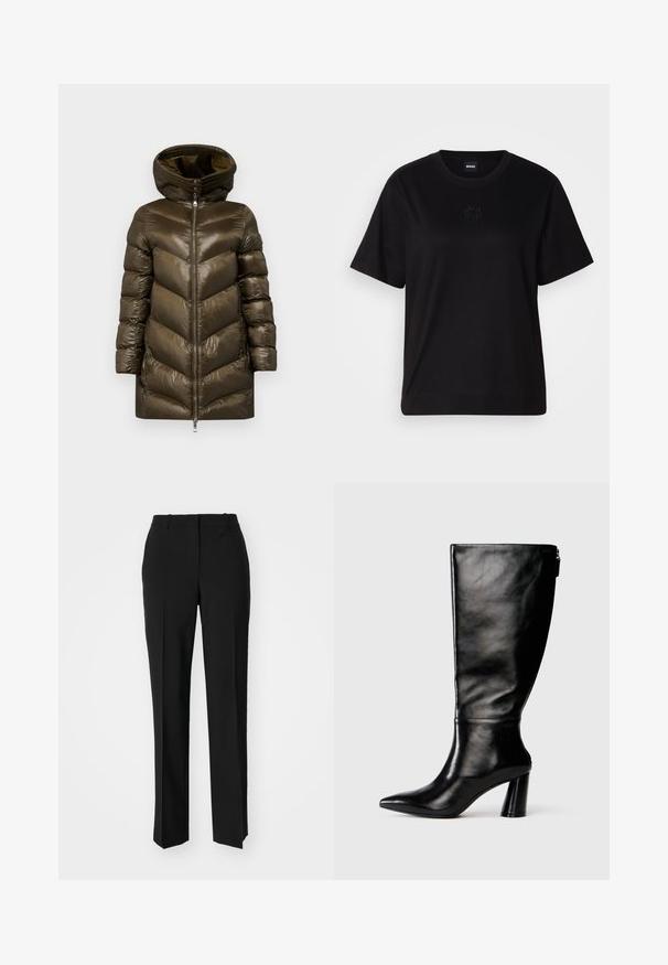 Olivengrøn puffjakke med en chevron-quiltet design, høj krave, frontlynlås og hætte. Har glat, let materiale.; Sort bomulds t-shirt med rund halsudskæring, korte ærmer og et broderet logo på brystet. Enkel, afslappet pasform uden mønstre.; Sorte skræddersyede bukser med lige ben-design, der har en glat tekstur og skarpe folder langs fronten. Ingen synlige hardware.; Knee-high sorte læderstøvle med spids tå, glat tekstur og en kraftig hæl. Har en lynlåsdetaile bagpå.