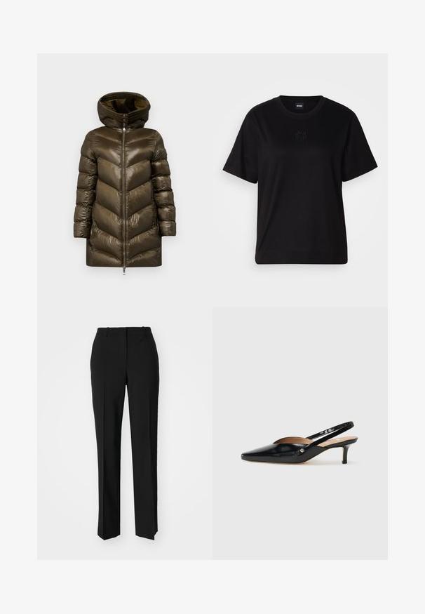 Oliwkowa kurtka puchowa z chevronowym pikowaniem, wysoka stójka, zamek błyskawiczny z przodu i kaptur. Wykonana z połyskującego, lekkiego materiału.; Czarny bawełniany t-shirt z okrągłym dekoltem, krótkimi rękawami i haftowanym logo na piersi. Prosty, luźny krój bez wzorów.; Czarne spodnie o dopasowanym kroju z prostymi nogawkami, o gładkiej fakturze i wyraźnych zagięciach z przodu. Bez widocznych elementów metalowych.; Czarne lakierowane szpilki slingback o spiczastym nosku, z małym obcasem i wycięciem na wierzchu. Złote akcenty na boku.