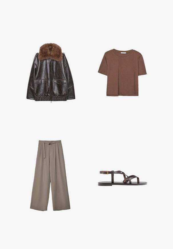 Smeđa jakna od umjetne kože s pahuljastim smeškim ovratnikom, elastičnom donjom ivicom i dva prednja džepa. Glatka tekstura s kontrastnim šavnim detaljima.; Smeđi kratki rukav majica od mekog materijala, s okruglim izrezom i opuštenim krojem. Nema vidljivih uzoraka ili naglasaka.; Široke hlače u mekoj, prigušenoj sivoj tkanini, s remenom na struku i plisiranim detaljima za dodatni dizajn. Glatka tekstura, bez uzoraka.; Smeđe kožne sandale s iskrižanim trakama, umetkom za zapešće s kopčanjem i ravnim potplatom s minimalnim detaljima šivanja.