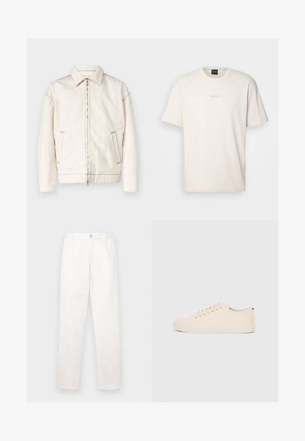 White denim jacket with a pointed collar, full zip closure, side pockets, and contrasting stitching. Features a relaxed fit and minimal design.; BOSS TEE - Basic T-shirt - open white; White trousers made from smooth fabric, featuring a straight leg design, front pleats, and a single button closure at the waist.; Beige canvas sneakers with round toe, flat rubber sole, and lace-up front. Features minimal design and a contrasting black accent at the heel.