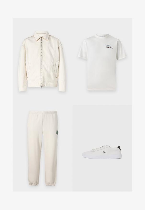 Jachetă din denim alb cu guler ascuțit, închidere cu fermoar pe toată lungimea, buzunare laterale și cusături contrastante. Prezintă un croi relaxat și un design minim.; Tricou alb din bumbac, cu guler rotund, mâneci scurte și un mic logo brodat care înfățișează munți și text pe partea stângă a pieptului.; Pantaloni de trening bej deschis, confecționați din bumbac, cu talie elastică, mansete ribbate și un logo verde cu design de frunză pe piciorul stâng.; Tenis din piele albă cu vârf rotund, sistem de prindere cu șireturi în față și accent negru la călcâi. Are un mic logo brodat cu crocodil pe lateral.