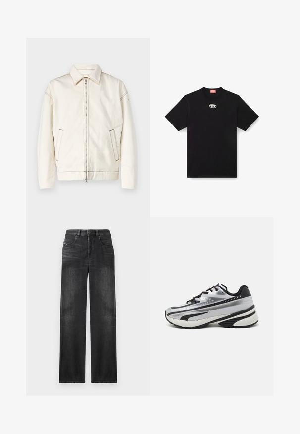 Balta džinsinė striukė su smailiu apykakle, pilnu užtrauktuku, šoniniais kišenėmis ir kontrastinga siūle. Pasižymi laisvu siluetu ir minimalistiniu dizainu.; Juodas medvilninis marškinėlis su apvaliu iškirpimu ir trumpomis rankovėmis. Priekyje centre yra maža sidabrinė logotipo siuvinėjimas.; Juodos tiesios kojų džinsai, pagaminti iš džinsinio audinio, su penkiomis kišenėmis, diržo kilpomis ir švelniu audinio blukimu, kuris suteikia tekstūrą.; Bėgimo bateliai su sidabriniu tinkliniu viršumi, juodais akcentais ir balta padu. Pasižymi tekstūruotu dizainu ir juodais raišteliais. Lengvi ir paminkštinti.