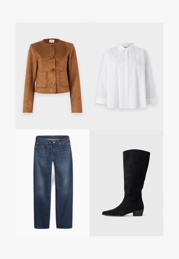 Brown faux suede jacket with a round neck, button closure, and two front pockets. Smooth texture and fitted design.; White button-up shirt made of lightweight fabric, featuring small heart-shaped cutouts, long sleeves, and a classic collar.; Dark blue denim jeans with a straight leg design. Features include a button closure, five pockets, and subtle fading in the fabric.; Black suede knee-high boot with low block heel and pointed toe, shown in side view on a plain light gray background.