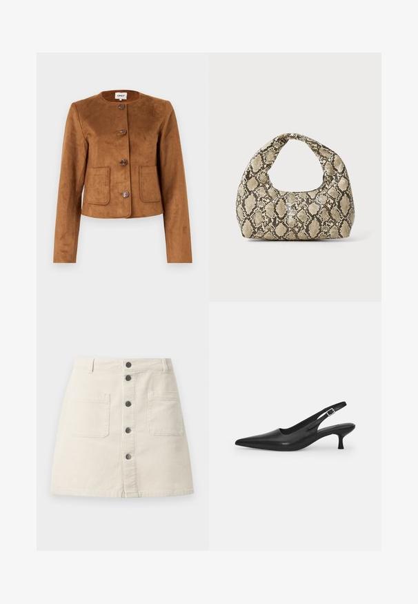 Rudas dirbtinio suedo striukė su apvaliu kaklu, mygtukų uždarymu ir dviem priekinėmis kišenėmis. Lygi tekstūra ir prigludęs dizainas.; Šviesiai smėlinis ilgo rankovėmis megztinis su raitytu paviršiumi, apvaliu iškirpimu ir prigludusia forma. Minkšta medžiaga ir be siūlių rankogaliai.; Šviesiai ruda kordūrinė mini sijonas su priekiniais sagutėmis, dviem didelėmis kišenėmis ir diržo kilpomis juosmens srityje.; Juodos odinės slingback bateliai su smailiu nosiu ir plonu, lenktu kulnu. Yra diskretiška reguliuojama juostelė su metaliniu sagtimi.; Gyvatės rašto rankinė su kreiviu rankenėle. Pagaminta iš tekstūruotų smėlio ir rudos spalvos medžiagų, su išskirtiniu rombo raštu.
