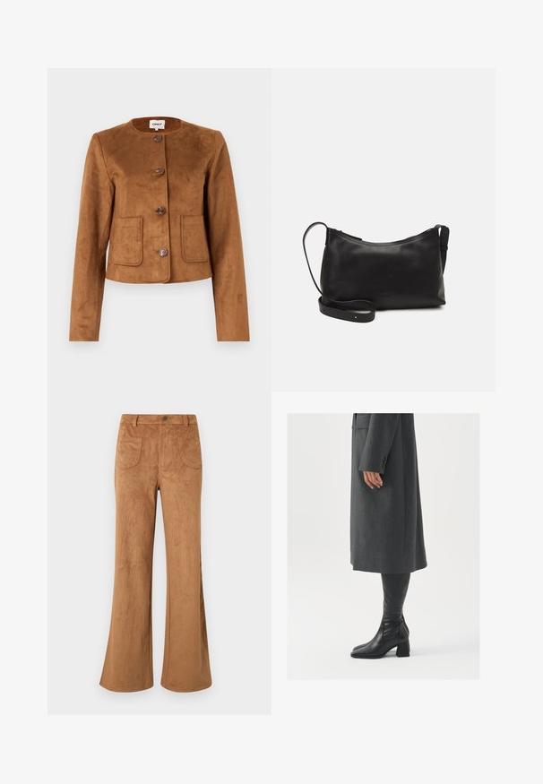 Bruine faux-suède jas met een ronde hals, knoopsluiting en twee voorzakken. Soepele textuur en aangesloten ontwerp.; Set van twee longsleeve tops in wit en zwart. Geribbelde textuur, ronde hals, aansluitend ontwerp met licht uitlopende mouwen.; Bruine suedine flared broeken met een hoge taille, voor- en achterzakken, en een gladde textuur. Ontworpen voor een ontspannen pasvorm langs het been.; Grijze, op maat gemaakte overjas met een rechte snit; gecombineerd met kniehoge zwarte leren laarzen met een vierkante neus en chunkyerand.; Zwarte leren schoudertas met een gladde textuur, gebogen vorm, verstelbare schouderband en een ritsafsluiting. Minimalistisch ontwerp zonder versieringen.