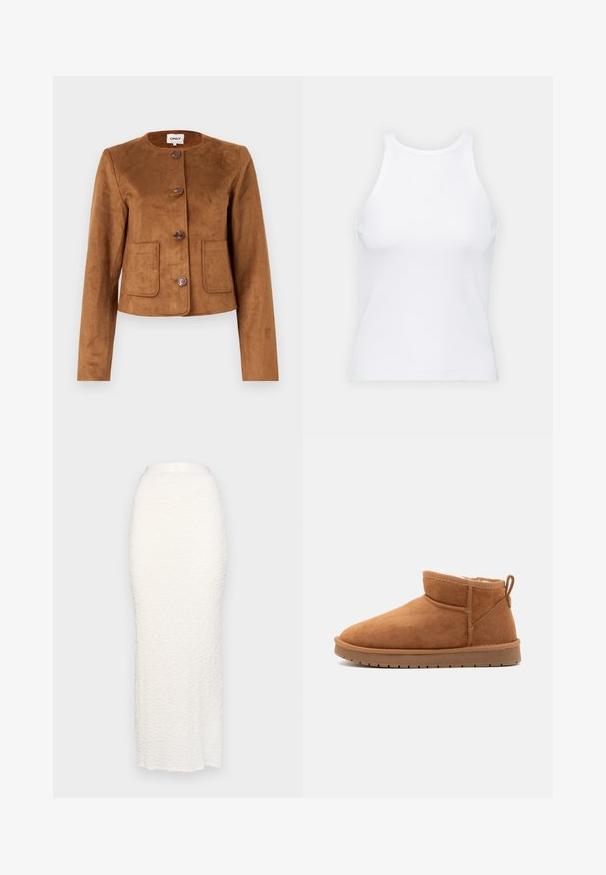 Barna műsuede dzseki, kerek nyakkal, gombos záródással és két elülső zsebből áll. Sima textúrájú és derékig feszülő fazonú.; Fehér ujjatlan trikó ribbed anyagból, lekerekített nyakkivágással és testhez simuló siluettel, minimális varrásokkal és díszítések nélkül.; Gina Tricot STRUCTURE MAXI SKIRT - Maxiszoknya - white; Call it Spring JAMIELEE - Téli csizmák - camel