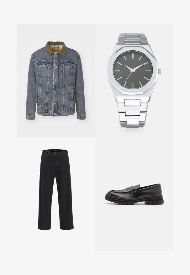 Blå denimjakke med brun kordfløyelkrage, sølvknapper, to brystlommer, sidelommer og en teksturert overflate.; Redefined Rebel TETON REGULAR FIT - Strikkegenser - black grey; Svarte straight-leg denim jeans med knapp- og glidelåslukking, beltestropper og front- og baklommer.; Sorte skinnloafers med en glatt overflate, med et frontreim-detalj og en kraftig gummisåle med rillete detaljer.; Sølv analog klokke med oktagonal klokkesak, grå skive, sølvfargede timemarkører og lenkebånd i rustfritt stål. Minimalistisk design med glatt tekstur.