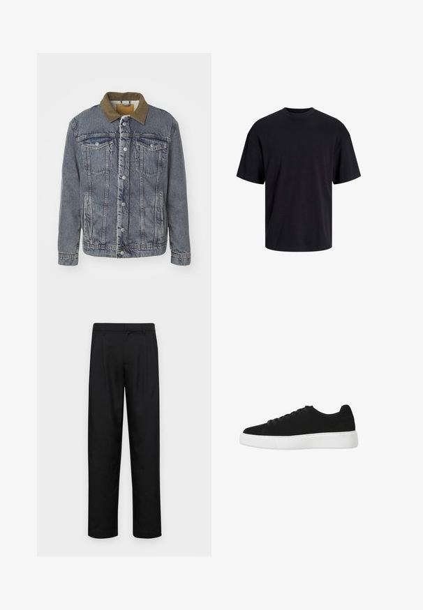 Giacca di jeans blu con colletto in velluto a coste marrone, bottoni in argento, due tasche sul petto, tasche laterali e una finitura testurizzata.; T-shirt in cotone nero con collo rotondo, maniche corte e vestibilità morbida. Texture liscia senza pattern o dettagli visibili.; Pantaloni neri realizzati in tessuto liscio, caratterizzati da un taglio dritto, due pieghe frontali e una vita standard con passanti per la cintura.; Sneaker nera in suede con punta arrotondata, chiusura con lacci e suola in gomma bianca. Design semplice con accenti minimi e texture liscia.