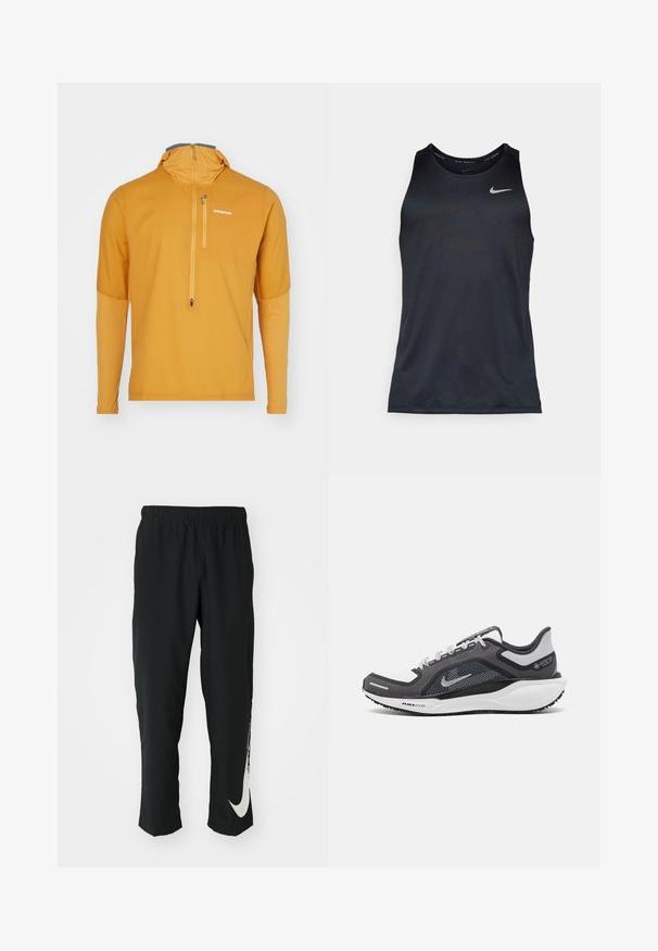 Patagonia AIRSHED PRO - Neperpučiamoji striukė - golden caramel; Juodas "Nike" liemenuokas, pagamintas iš lengvos, lygaus audinio. Apvalus kaklas ir be rankovių dizainas su švelniu tekstūriniu raštu ir logotipu.; Juodos sportinės kelnės su elastingu juosmeniu, siaurėjančiu dizainu ir dideliu baltu Nike logotipu ant kairiojo kojos. Minkšta, lengva medžiaga.; Juodas ir pilkas sportinis batelis su tinkleliu viršuje, atspindinčiais akcentais ir balta vidurinė dalimi. Yra tekstūruota guminė išorinė pada ir raišteliai.