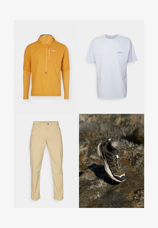 Patagonia AIRSHED PRO - Jachetă de vânt - golden caramel; Tricou alb din bumbac cu mâneci scurte, guler rotund și un buzunar pe pieptul stâng, având un logo albastru "Patagonia". Croială clasică cu o textură netedă.; Patagonia QUANDARY PANTS - Pantaloni outdoor - classic tan; Ghete de drumeție în verde măsliniu și negru cu accente roz. Caracteristici: un material texturat în partea superioară, o talpă flexibilă, o vârful întărit și un sistem de șireturi colorate.
