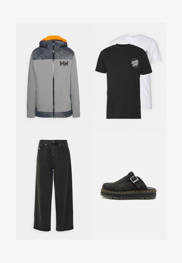 Szary wodoodporny kurtka z pomarańczowym wnętrzem kaptura, czarnym logo na klatce piersiowej i kontrastującymi granatowymi ramionami. Posiada zamek błyskawiczny i regulowane mankiety.; Zestaw dwóch t-shirtów: jeden czarny, drugi biały. Oba z krótkim rękawem i okrągłym logo na piersi w kontrastowym kolorze. Materiał bawełniany.; Obey Clothing - Jeansy baggy; Czarne zamszowe klapki z regulowanym paskiem, z grubą czarną gumową podeszwą i kontrastującym żółtym przeszyciem wzdłuż krawędzi.