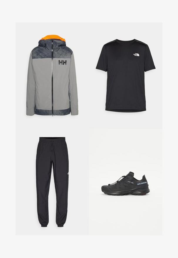 Szürke vízálló dzseki narancssárga bélésű kapucnival, fekete logóval a mellkason és kontrasztos tengerészkék vállpántokkal. Cipzáros záródással és állítható mandzsettákkal rendelkezik.; Fekete, rövid ujjú póló, könnyű anyagból készült. Bal mellen egy kis fehér logó található, és finom vállrész kiemelések.; Fekete sportnadrág, könnyű anyagból készült, húzózsinóros derékkal, oldalsó zsebekkel és szűkített szárakkal a bokáknál.; Fekete terepfutó cipő textúrált felsőrésszel, rugalmas fűzőkkel és Contagrip talppal. Kiemelkedő illeszkedés és védő orrborítás jellemzi.