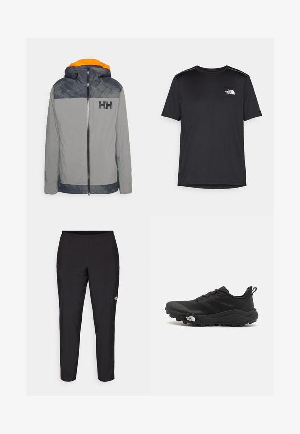 Gray waterproof jacket with orange inside hood, black logo on chest, and contrasting navy shoulders. Features zip closure and adjustable cuffs.; Black short-sleeve T-shirt made from lightweight fabric. Features a small white logo on the left chest and subtle shoulder accents.; Black athletic pants with an elastic waistband, tapered shape, smooth texture, and a small white logo on the lower leg.; Black trail running shoe with a textured upper, rubber sole, and reinforced toe cap. Features a padded collar and pull tab for easy wear.