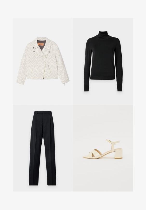 Bijela jakna s uzorkom chevrona napravljena od teksturirane tkanine. Ima rever kragnu, prednji zip i dva zip zatvorena džepa. Srebrni detalji.; Crna dugosruga majica s rolijom i rebrastim manžetama i donjim rubom, prikazana na jednostavnoj bijeloj pozadini.; Crne hlače od glatkog materijala s visokim strukom, širokim nogavicama, prednjim pregibima i klasičnim petljama za remen. Nema vidljivih bočnih džepova.; Bež sandale od lakirane kože na visokoj peti s dizajnom preklopnog remena, otvorenim prstima, podesivim remenom oko gležnja i blok petom. Glatka tekstura.