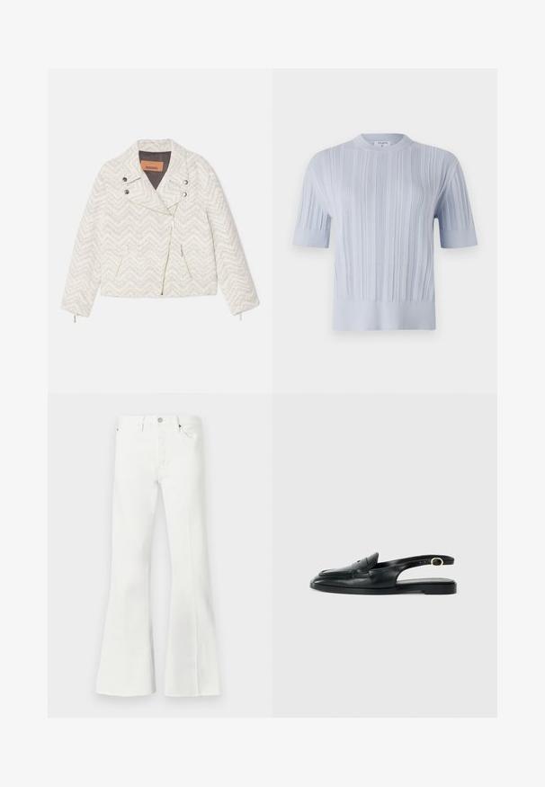 Balts žakets ar chevronu rakstu, izgatavots no teksturēta auduma. Tam ir izgriezts apkakle, priekšējais rāvējslēdzis un divas kabatas ar rāvējslēdzējiem. Sudraba detaļas.; Gaišzils īsām piedurknēm adīts tops ar vertikālu ribu tekstūru un apaļu kakla izgriezumu. Audumam ir smalki akcenti ar pieguļošu apakšmalu.; Baltas denims ar platu kāju izgriezumu un augstu jostasvietu, ar pogu aizdari, divām priekšējām kabatām un neapstrādātu apakšmalu akcentiem.; Melnas ādas slingu kājas ar noapaļotu purngalu, plakanu zoli, sānu izgriezumu un siksnu ar zelta toni detalizāciju.